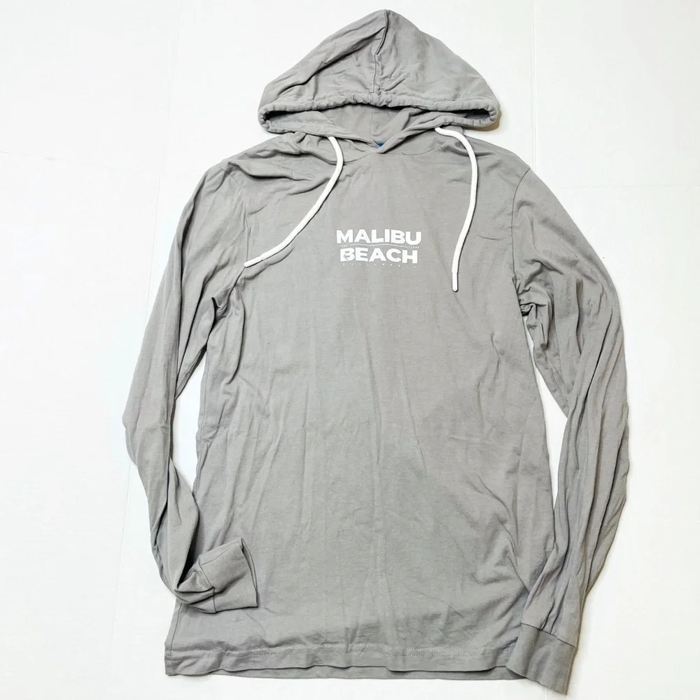 DENIM & Flower Malibu Beach Gray Graphic Long Sleeve Pullover Hoodie Men’s Small